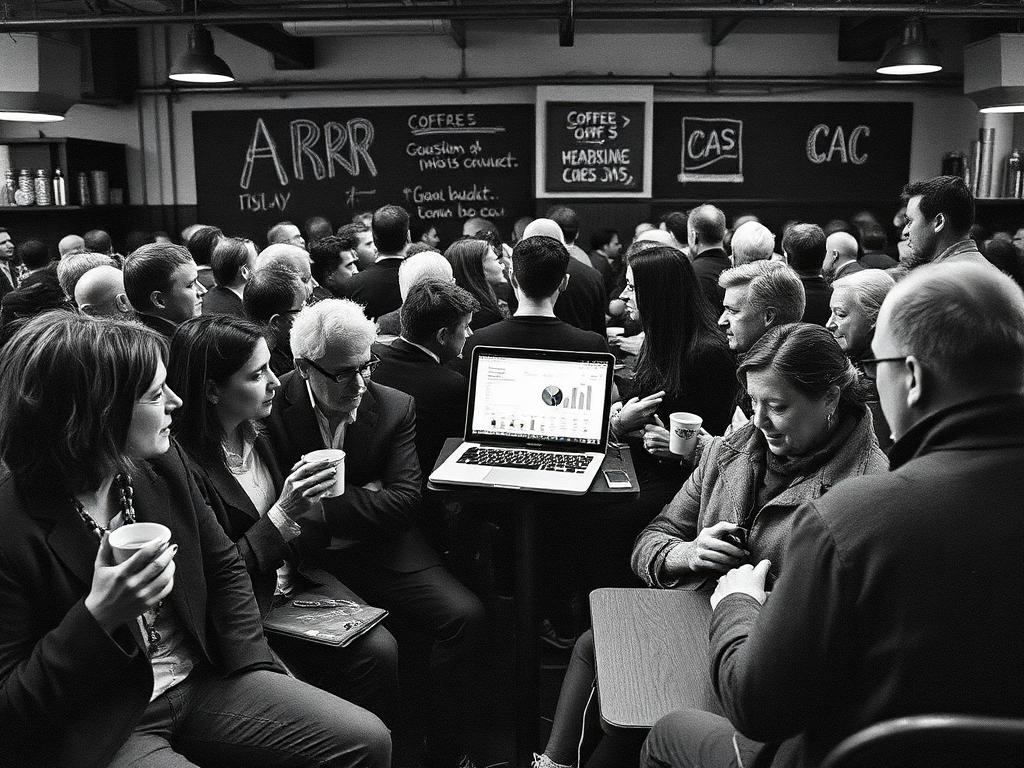 A crowded coffee shop where every patron works on a laptop displaying dashboards and pitch decks