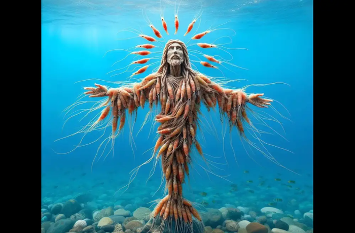 A messianic figure composed entirely of shrimp standing underwater with arms outstretched, a halo of swimming shrimp radiating from its head