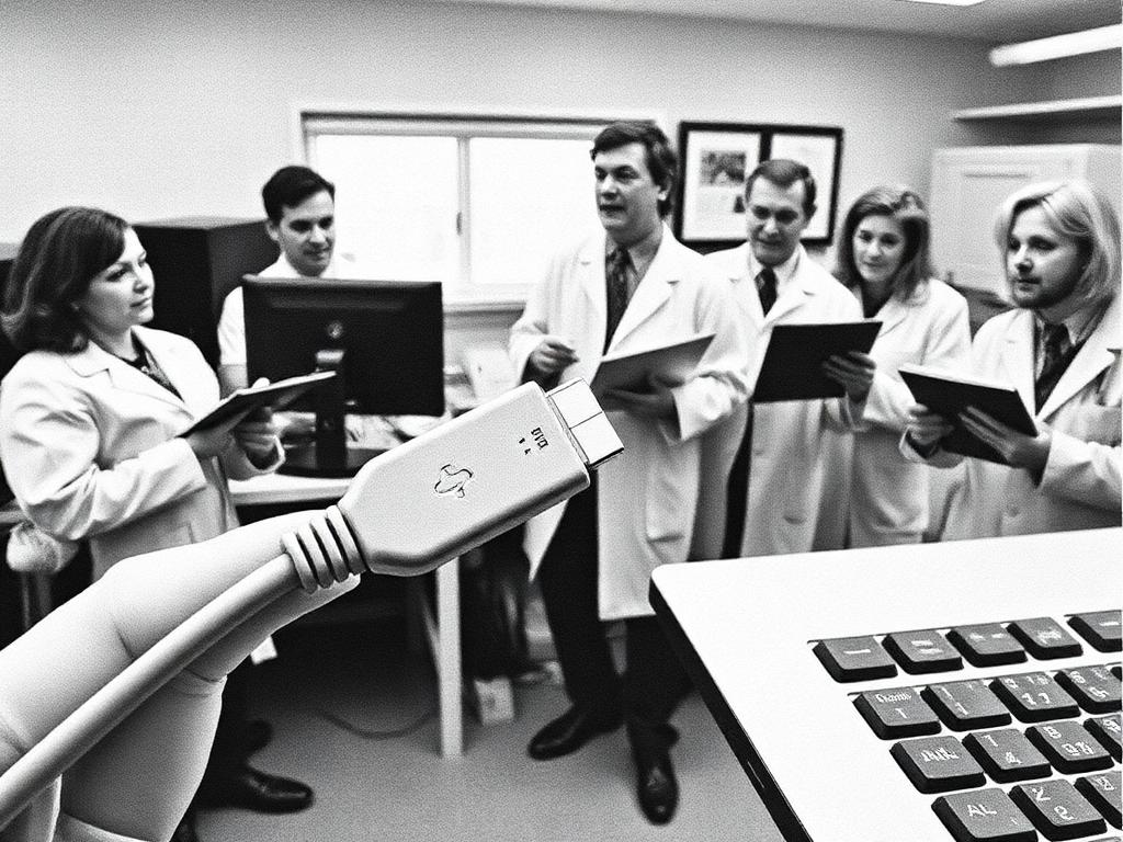 Researchers in lab coats observe a USB cable being inserted into a laptop port